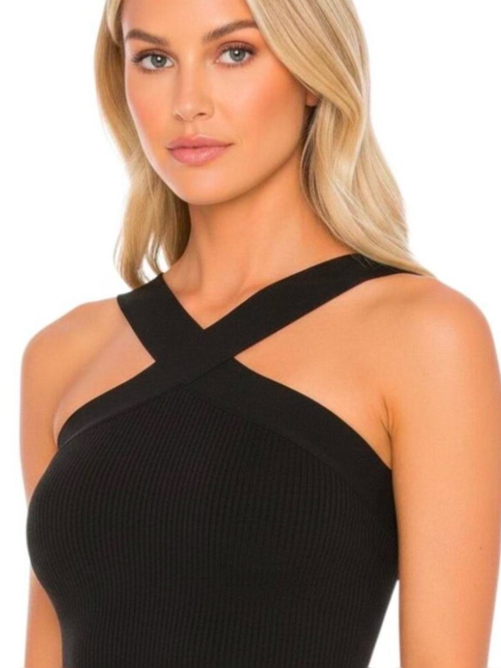 Aritzia Babaton contour SculptKnit Halter Crop Top with ribbed Black Crisscross